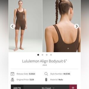 131- $55 *FREE SHIPPING* Lululemon Align Bodysuit 6” Java Brown size 14